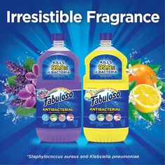 two bottles of fablloso antibacterial are shown in this ad