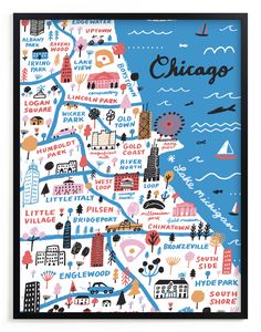 a framed map of chicago, illinois with the city's major attractions and landmarks