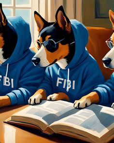 two dogs wearing blue sweatshirts reading a book