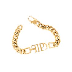 a gold chain bracelet with the word fid on it's center and two small letters