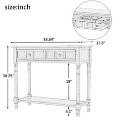 a white table with drawers and measurements