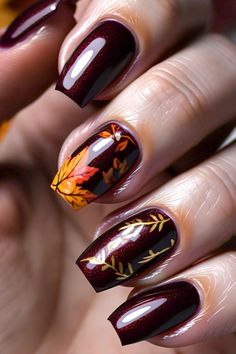 As leaves turn golden, so do our nails. Warm, rich burgundy for a cozy fall. #FallNailArt #AutumnLeaves #BurgundyBeauty Maroon Floral Nails, Maroon Fall Nail Designs, Rose Nail Art, Seasonal Nails, Rose Nails