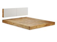 a wooden bed frame with two doors on the top and bottom side, against a white background