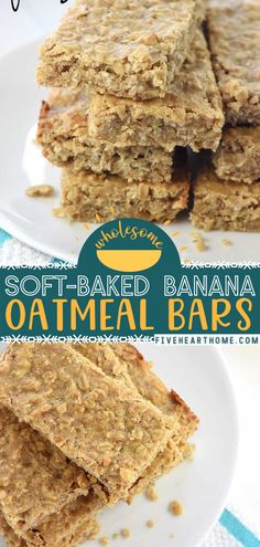 two plates with oatmeal bars stacked on top of each other and the words soft - baked banana oatmeal bars