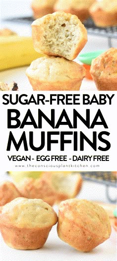 banana muffins stacked on top of each other with the words sugar - free baby in