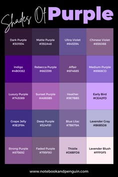 shades of purple with the words shades of purple in different font styles and colors on them