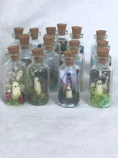 there are many glass bottles with small pictures in them and corked top caps on each one