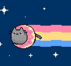 an image of a cat that is flying in the sky with a donut on it