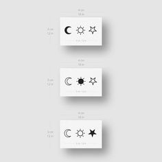 three different types of stars and crescents on white paper with black ink, each showing the