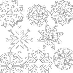 four snowflakes are shown in black and white, one is drawn with markers