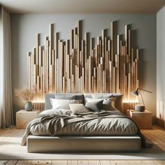 a large bed sitting in a bedroom next to a tall wooden sculpture on the wall