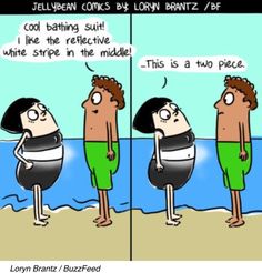 a cartoon strip with two men on the beach