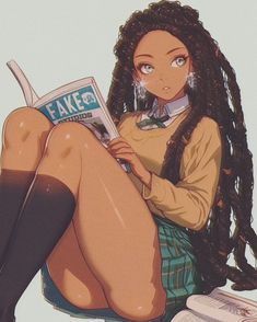 a woman sitting on top of a pile of books with her legs crossed, reading a fake magazine