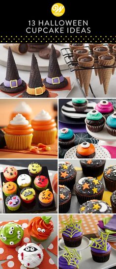 halloween cupcakes are displayed in multiple pictures