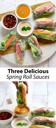 three delicious spring rolls with dipping sauces on the side, and another photo showing what they look like