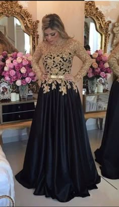 Black Prom Dresses Long, Black Long Sleeve Prom Dress, Prom Dresses Long Black, Long Sleeve Prom, Black Prom, فستان سهرة, A Line Prom Dresses, Prom Dresses Long With Sleeves, Gold Lace