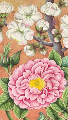 a painting of flowers and leaves on a brown background with pink, white and yellow colors