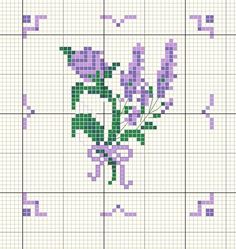 a cross stitch pattern with purple flowers on it