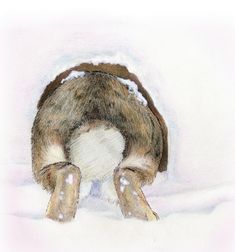 a drawing of a brown and white dog in the snow with its head on his hind legs