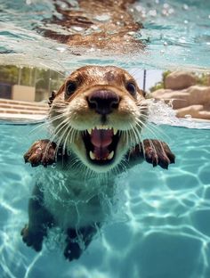 an otter swimming in the water with its mouth open and it's tongue out