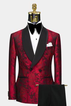 Red Black And Gold Wedding Groomsmen Bridesmaid Dresses, Black And Red Groom Attire, Red And Black Wedding Dress The Bride, Red And Black Tuxedo Wedding, Red Festive Semi-formal Blazer, Luxury Red Formal Sets, Red Fitted Elegant Suit, Elegant Fitted Red Suit, Elegant Fitted Burgundy Tuxedo