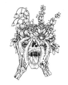 a skull with flowers in it's head and hands on the front of its face