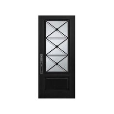 a black door with glass panels on the top and bottom panel, in front of a white background