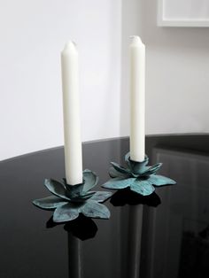 A pair of matching brass candlestick holders with a double layered petal detail with a painted faux verdigris patina finish.  Unmarked ❗️candles are NOT included and is for display purposes only❗️ [ YEAR ]  1970s [ BRAND ] n/a [ CONDITION ] great * red marks on the underside (I didn't want to remove without ruining the patina) * some remaining wax residue (I tried to remove as much as possible) [ DIMENSIONS ] see photo with ruler in metric & imperial units Bohemian Fairycore, Brass Candle Stick, Candle Stick Holder, Boho Wedding Decor, Brass Candlestick, Boho Wedding Decorations, Red Marks, Patina Finish, Brass Candle