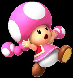 a cartoon character flying through the air with a mushroom on his head and hands out