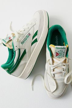 A classic court style infused with retro flair, complete with leather uppers, terry lining, and faded rubber outsoles. **Features:** Low-top style, leather uppers, perforated toe box, removable EVA foam sockliner die-cut EVA midsole, durable rubber outsole, lace-up closure, logo details, terry lining **Why We | Reebok Club C 85 Vintage Sneakers at Free People in Green, Size: US 7 Reebok Club C 85 Vintage, Club C 85 Vintage, 2024 Wardrobe, Reebok Club C 85, Cool Shoes, Dr Shoes, Club C 85, Shoe Wishlist, Vintage Sneakers