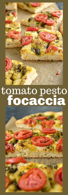 tomato pesto focaccia pizza on a baking sheet with text overlay