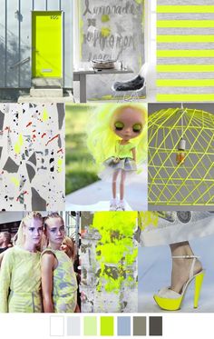 a collage of photos with yellow and grey colors in the center, two women wearing bright