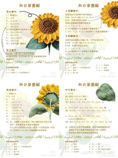 four different pictures of sunflowers with words written in chinese and english on them