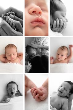 collage of newborn baby photos in colour and black and white: from little details like feet and hands to sleeping, smiling and yawning photos. Swaddling For Newborn Photos, Pictures To Take With Newborn, Newborn Inspo Pictures, Easy Newborn Photography At Home, Basic Newborn Photography, Props For Newborn Pictures, Diy Newborn Photo Ideas