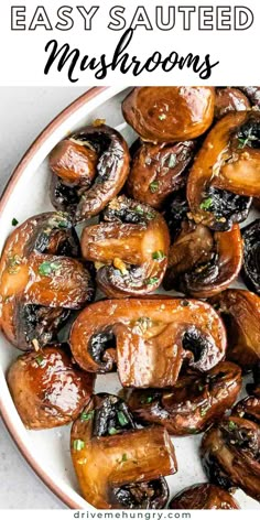 an easy sauteed mushroom dish with mushrooms and herbs in the middle on a white plate