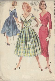 ~ Circa/Date: 1956 ~ Details:    Two style variation DRESS   ~ Size/Measurements (Inches):     ~ Size: 12     ~ BUST: 30″    ~ Waist: 25″     ~ Hip: 33″ ~ Please Note: ~ You are buying a 'Professional Reproduced' copy of this sewing pattern. Copied from the original sewing pattern. Produced in Full Scale Pattern Pieces ready to cut with full instructions included. Reproduced on high quality 50 gm paper with black ink, durable and easier for reuse. Printed by a Professional Printing Company.   ~ With this product comes an accompanying 'Booklet' and inside the Booklet it includes: ~ A 2-page Instructions and Illustrations on 'How to Adjust Your pattern to your Personal Measurement.' ~ Personal Measurement Chart ~ Body Form Illustrations ~ Fitting Checklist ~ Metric Equivalency Chart ~ Note P Classic Fitted Dress With Vintage Pattern, 1950s Sewing Patterns, Scale Pattern, Vintage Dress Patterns, Full Skirt Dress, Couture Vintage, Mccalls Patterns, Wiggle Dress, 1950s Fashion