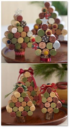 two pictures of christmas tree made out of wine corks