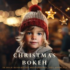 a young child wearing a knitted hat and scarf with the words christmas bokeh written on it