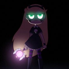 an animated character with green eyes holding a glowing ball in her hand and looking at the camera