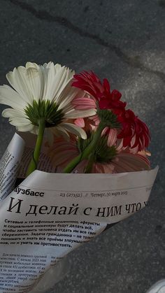 a newspaper with flowers in it sitting on the ground