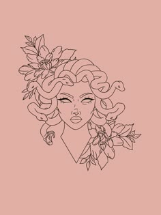 a black and white drawing of a woman with flowers in her hair on a pink background