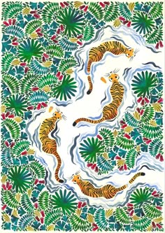 two tigers are swimming in the water surrounded by plants and leaves on a white background