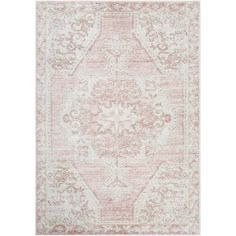 a pink and white rug with an ornate design on the bottom, in front of a white background