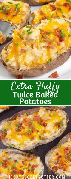 an image of baked potatoes with cheese and green onions on the top, and text overlay that reads extra fluffy twice baked potatoes