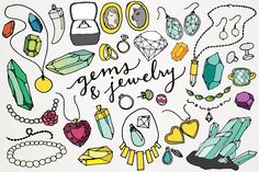 the words gems and jewelry are surrounded by colorful objects