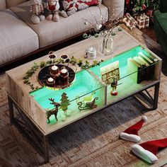 a living room filled with furniture and christmas decorations on top of a glass coffee table