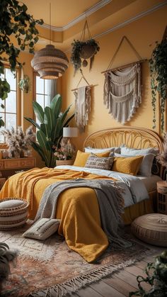 a bedroom with yellow walls and plants in the corner, bedding is made up