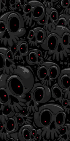 a bunch of skulls with red eyes on them