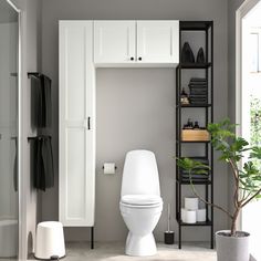 a white toilet sitting in a bathroom next to a tall shelf filled with black and white items