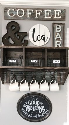 coffee and tea are displayed on the wall